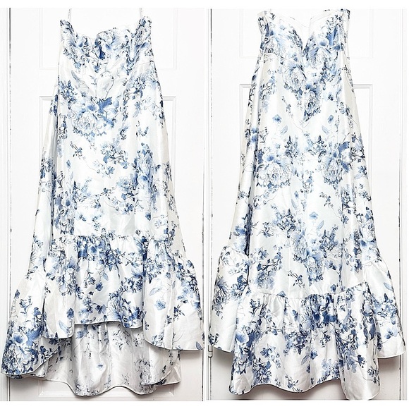 NWT ALFRED SUNG Floral Satin Twill Sweetheart Neck Strapless Ruffle Hem Gown 14 - Picture 4 of 7